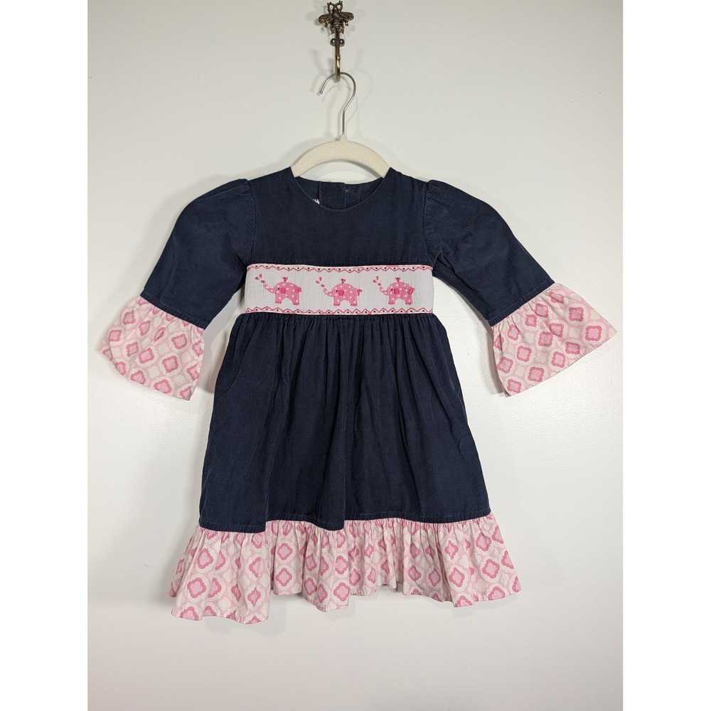 Shrimp & Grits Kids Navy Corduroy Smocked Elephant Dress Pink 2T